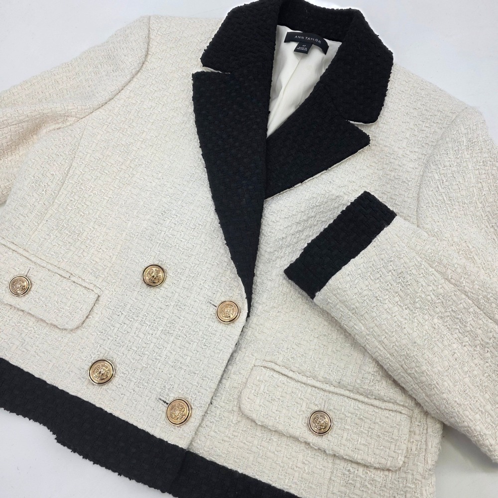 ANN TAYLOR DOUBLE BREASTED BLAZER WOMENS SIZE 6 PETITE BLACK WHITE TWEED CROPPED